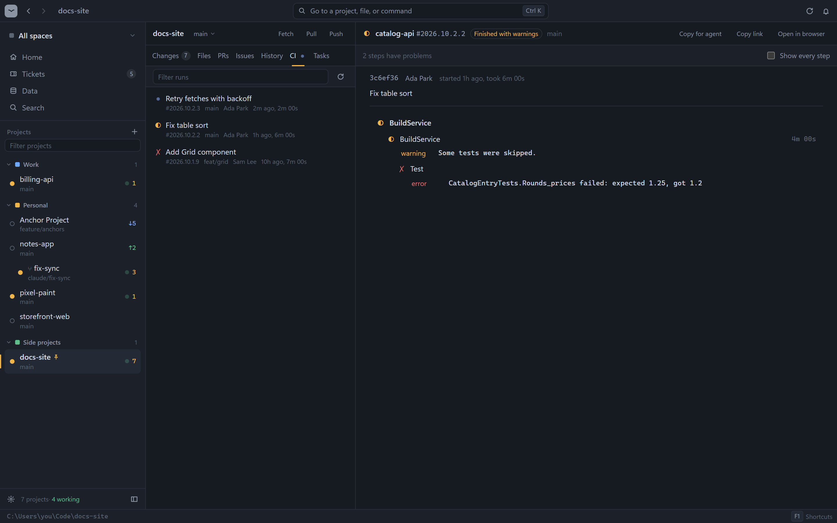 A CI run showing a failed test step and a warning