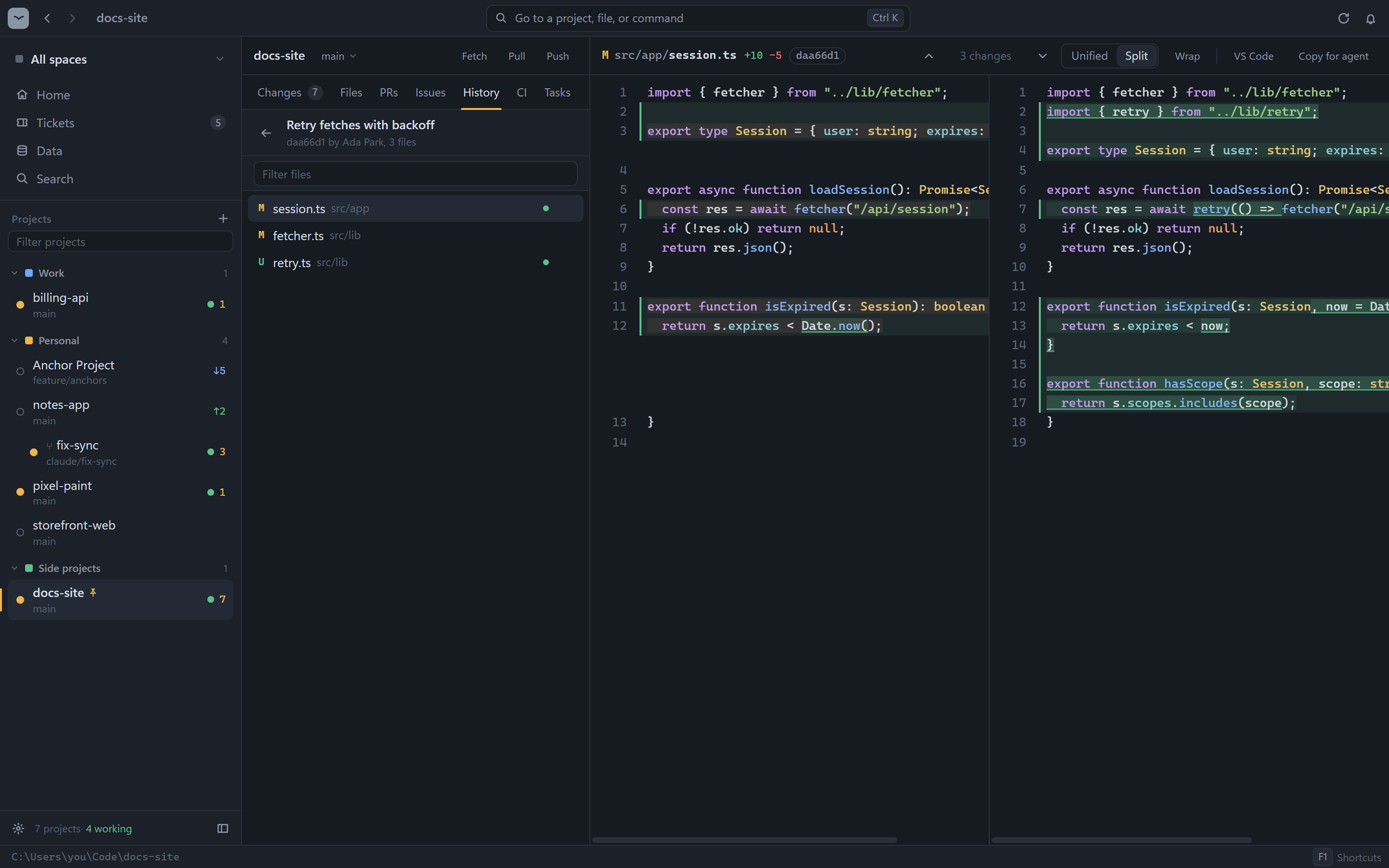 The History tab with a commit graph, and one commit's changes open in a split diff