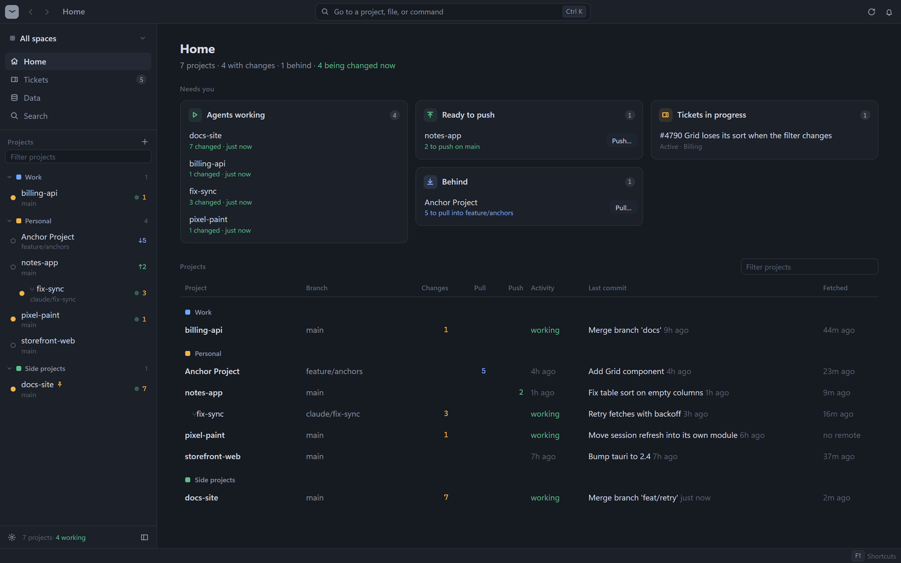 Tern Home: cards for agents that are working, commits to push and pull, and tickets in progress, above a table of every project